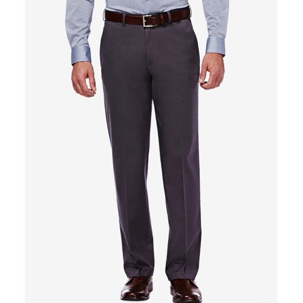 $70 NEW HAGGAR Mens 32x30 Dark Gray Cotton Classic Fit Premium Khaki Chino Pants